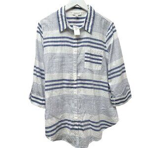 NEW Westport Blue Stripe Top XL Cotton Button Up Roll Sleeve Casual Dressbarn